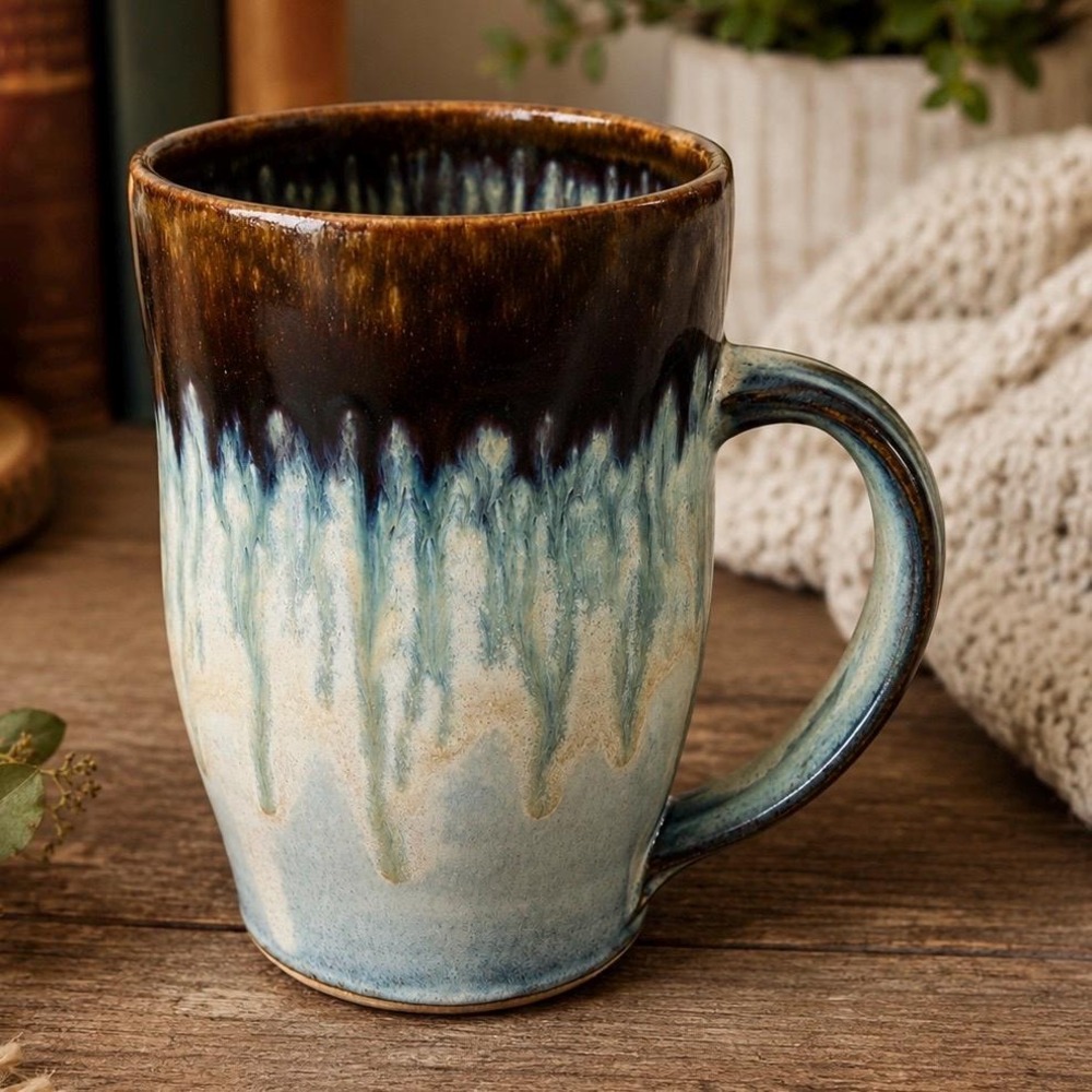 Handmade Coffee Mug Studio Pottery Drip Glaze Wood Fired VanGaasbeck Ithaca NY